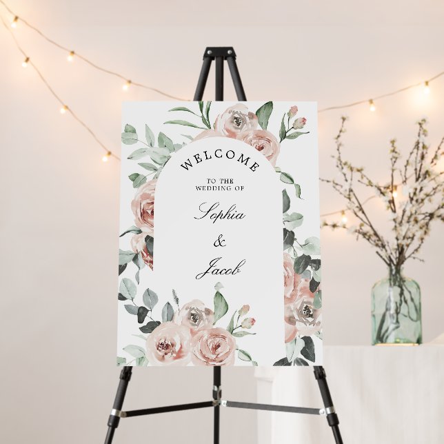 Dusty Pink Floral Eucalyptus Wedding Welcome Sign (In Situ (Stand))