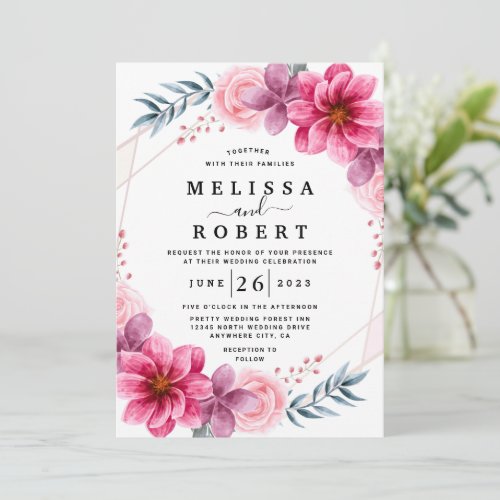 Dusty Pink Floral Geometric Greenery Wedding Invitation