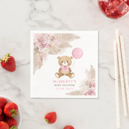 50 Baby Pink Christening Napkins - Teddy Bear Silver Design, 33cm Disposable Serviettes