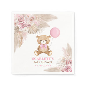 Dusty Pink Floral Girl Boho Teddy Bear Baby Napkins