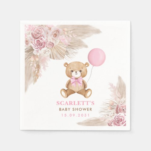 Dusty Pink Floral Girl Boho Teddy Bear Baby Napkins