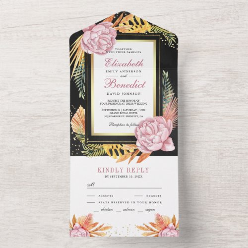 Dusty Pink Floral Gold Dried Palm Black Wedding All In One Invitation