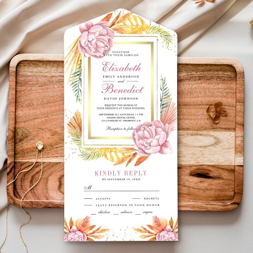 Dusty Pink Floral Gold Dried Palm Leaves Wedding All In One Invitation