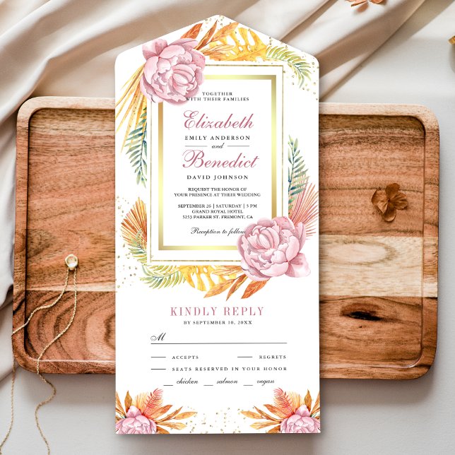 Dusty Pink Floral Gold Dried Palm Leaves Wedding All In One Invitation (Creator Uploaded)