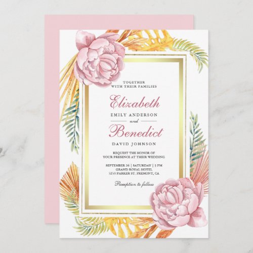 Dusty Pink Floral Gold Dried Palm Leaves Wedding Invitation