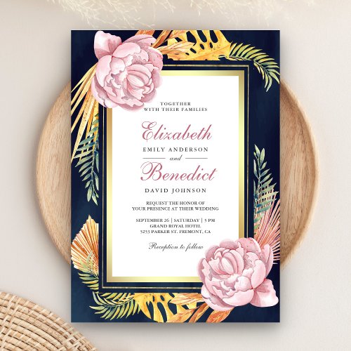 Dusty Pink Floral Gold Dried Palm Navy Wedding Invitation