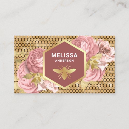 Dusty Pink Floral Gold Foil Honeycomb Honey Bee Business Card