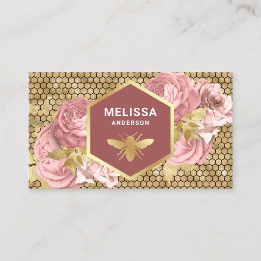 Dusty Pink Floral Gold Foil Honeycomb Honey Bee Business Card | Zazzle.com