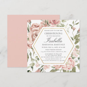 Dusty Pink Floral Gold Frame Christening Invitation