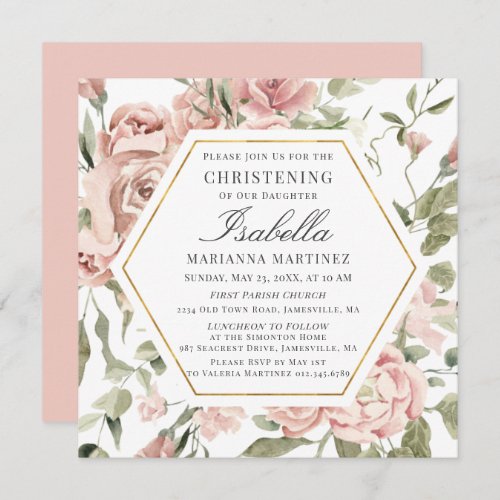 Dusty Pink Floral Gold Frame Christening Invitation