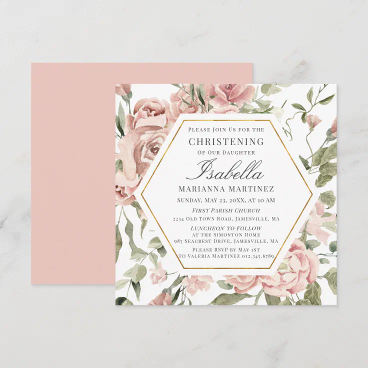 Dusty Pink Floral Gold Frame Christening Invitation Zazzle