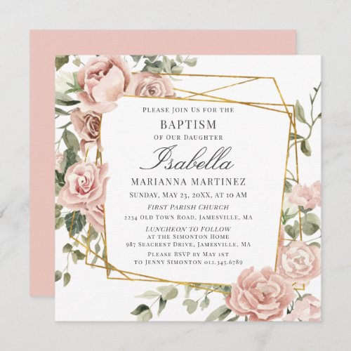 Dusty Pink Floral Gold Geometric Frame Baptism Invitation
