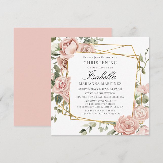 Dusty Pink Floral Gold Geometric Frame Christening Invitation (Front/Back)