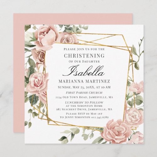 Dusty Pink Floral Gold Geometric Frame Christening Invitation