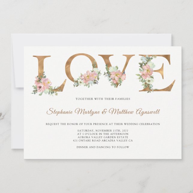 Dusty Pink Floral Gold Love Botanical Wedding Invitation (Front)