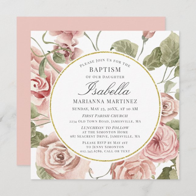 Dusty Pink Floral Gold Round Frame Baptism Invitation (Front/Back)