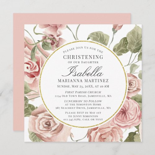 Dusty Pink Floral Gold Round Frame Christening Invitation