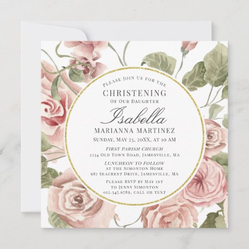 Dusty Pink Floral Gold Round Frame Christening Invitation Zazzle