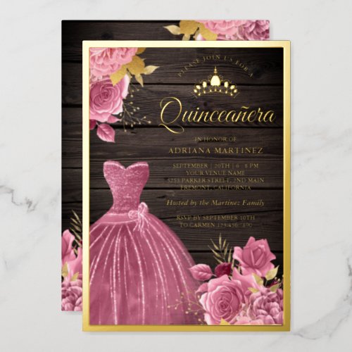 Dusty Pink Floral Gown Barn Wood Quinceanera Gold Foil Invitation