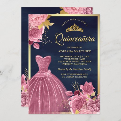 Dusty Pink Floral Gown Navy Blue Gold Quinceanera Invitation