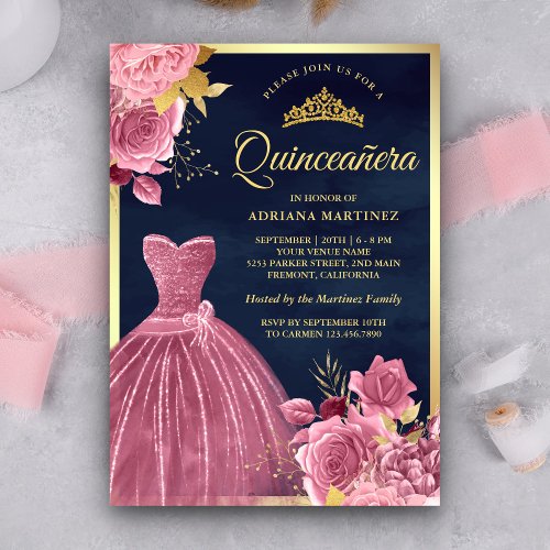 Dusty Pink Floral Gown Navy Blue Gold Quinceanera Invitation