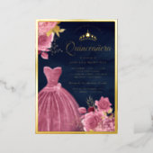 Dusty Pink Floral Gown Navy Blue Quinceanera Gold Foil Invitation (Standing Front)