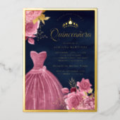 Dusty Pink Floral Gown Navy Blue Quinceanera Gold Foil Invitation (Front)
