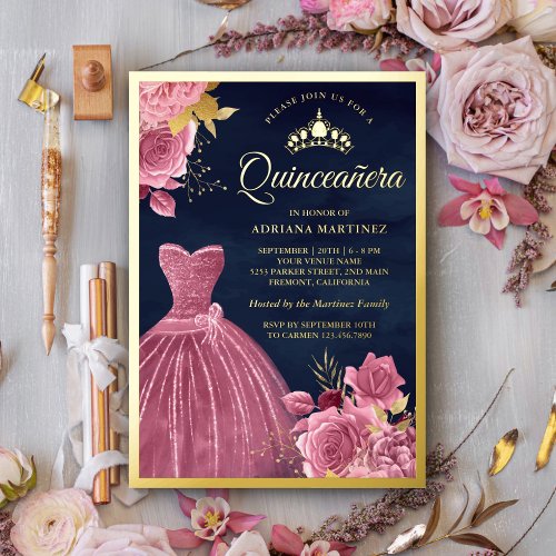 Dusty Pink Floral Gown Navy Blue Quinceanera Gold Foil Invitation