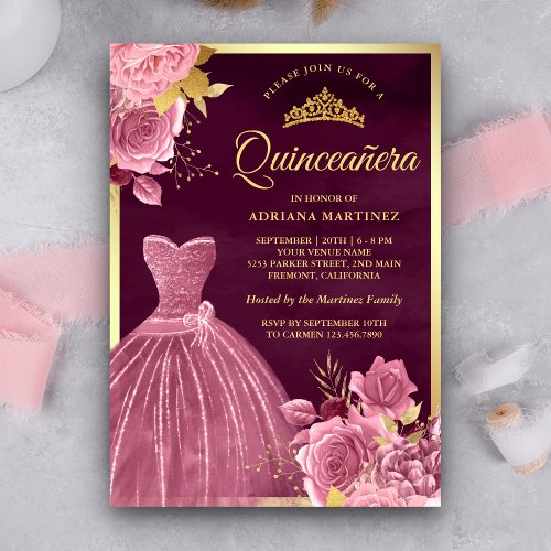 Dusty Pink Floral Gown Plum Gold Quinceanera Invitation