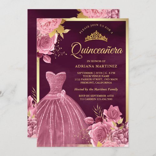 Dusty Pink Floral Gown Plum Gold Quinceanera Invitation