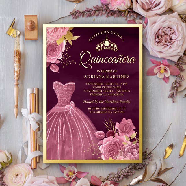 Dusty Pink Floral Gown Plum Quinceanera Gold Foil Invitation (Creator Uploaded)