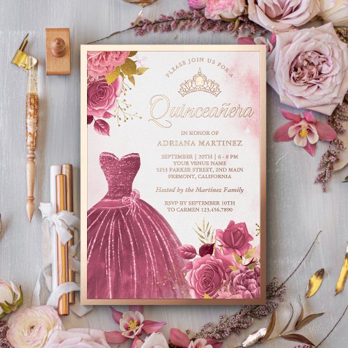 Dusty Pink Floral Gown Quinceanera Rose Gold Foil Invitation