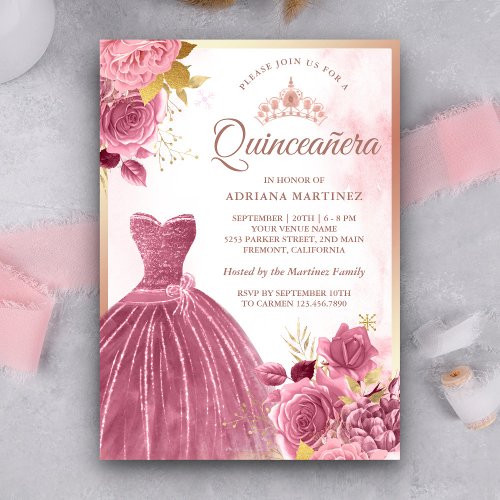 Dusty Pink Floral Gown Rose Gold Quinceanera Invitation