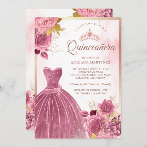 Dusty Pink Floral Gown Rose Gold Quinceanera Invitation