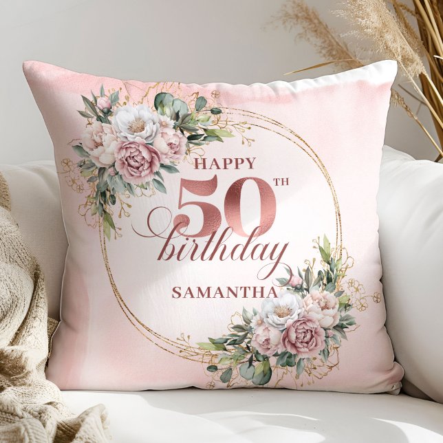 Dusty Pink Floral Greenery 50th Birthday Pillow  (Dusty Pink Floral Greenery 50th Birthday Pillow Gift)