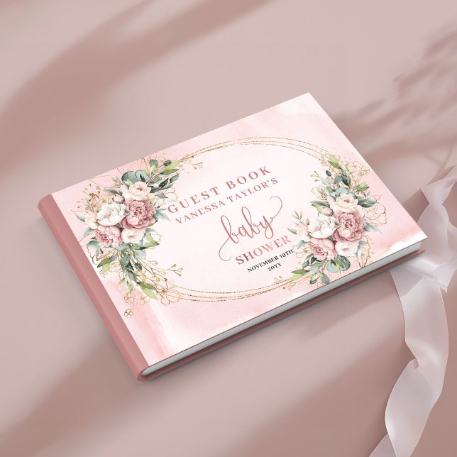 Dusty Pink Floral Greenery Girl Baby Shower Sign  Guest Book (Dusty Pink Floral Greenery Girl Baby Shower Guest Book)