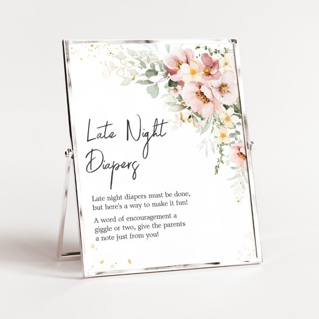 Dusty Pink Floral Greenery Late Night Diapers Poster (Dusty Pink Floral Baby Shower Late Night Diapers Sign)