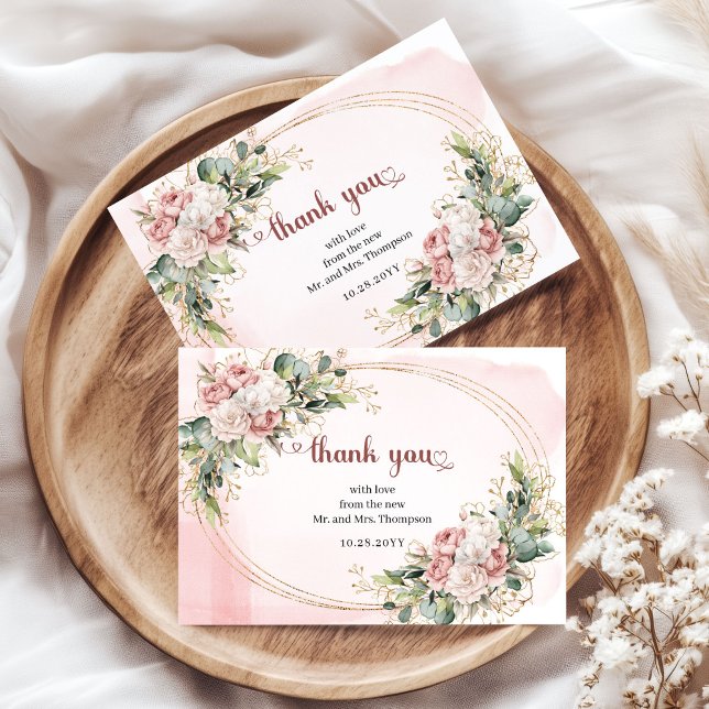 Dusty Pink Floral Greenery Romantic Wedding  Thank You Card (Dusty Pink Floral Greenery Romantic Wedding Thank You Card)