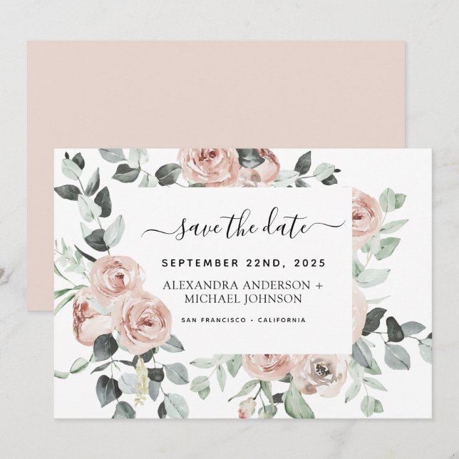 Dusty Pink Floral Greenery Save the Date  Invitation (Front/Back)