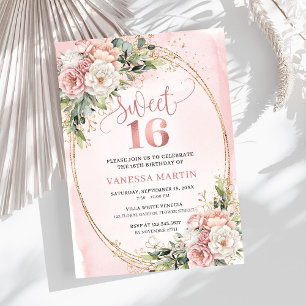 Dusty Pink Floral Greenery Sweet Sixteen Invites