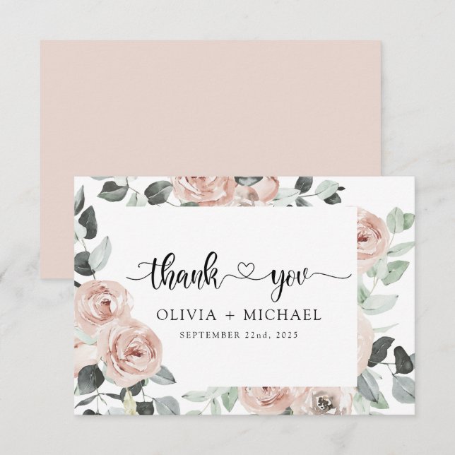 Dusty Pink Floral Greenery Thank You Invitation (Front/Back)