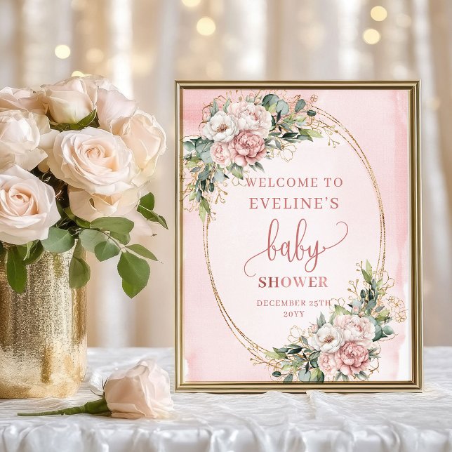 Dusty Pink Floral Greenery Welcome Baby Shower Sig Poster (Dusty Pink Floral Greenery Welcome Baby Shower Sign)