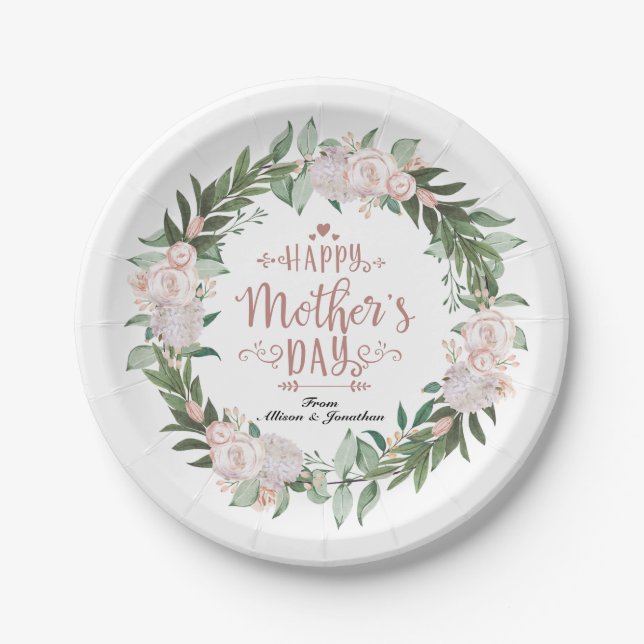 Dusty Pink Floral Happy Mothers Day Paper Plates (Front)