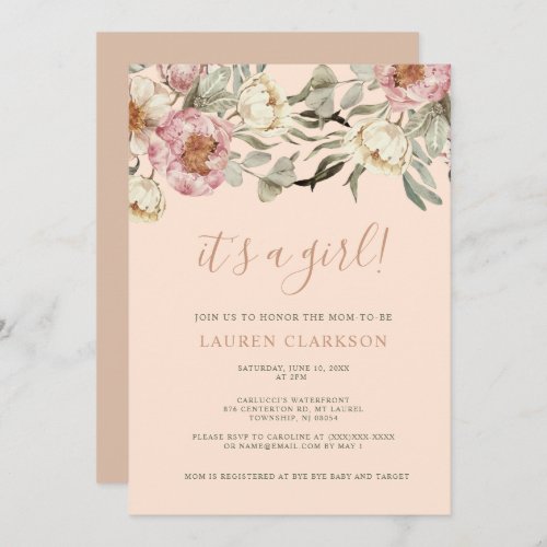 Dusty Pink Floral Its a Girl Baby Shower  Invitation