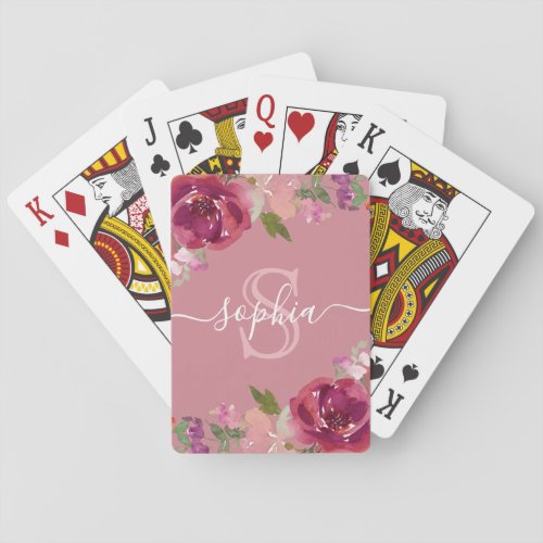 Dusty Pink Floral Monogrammed Script Name Poker Cards