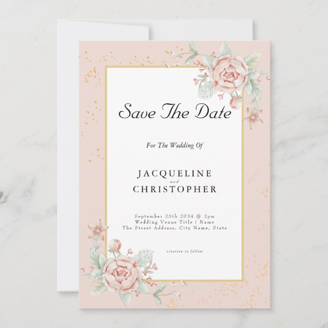 Dusty Pink Floral Peony Save The Date Wedding Invitation (Front)