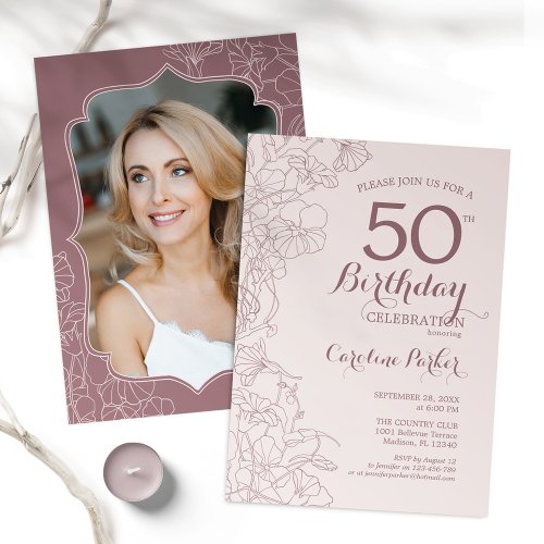 Dusty Pink Floral Photo 50th Birthday Party Invitation
