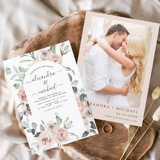 Dusty Pink Floral Photo Eucalyptus Wedding Invitation (Creator Uploaded)