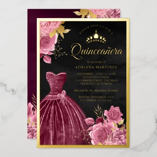 Dusty Pink Floral Plum Gown Black Quinceanera Gold Foil Invitation