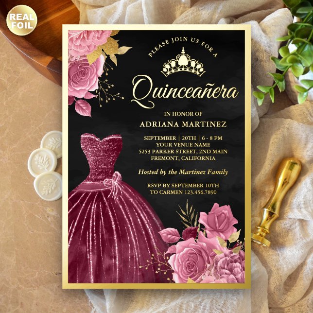 Dusty Pink Floral Plum Gown Black Quinceanera Gold Foil Invitation (Creator Uploaded)
